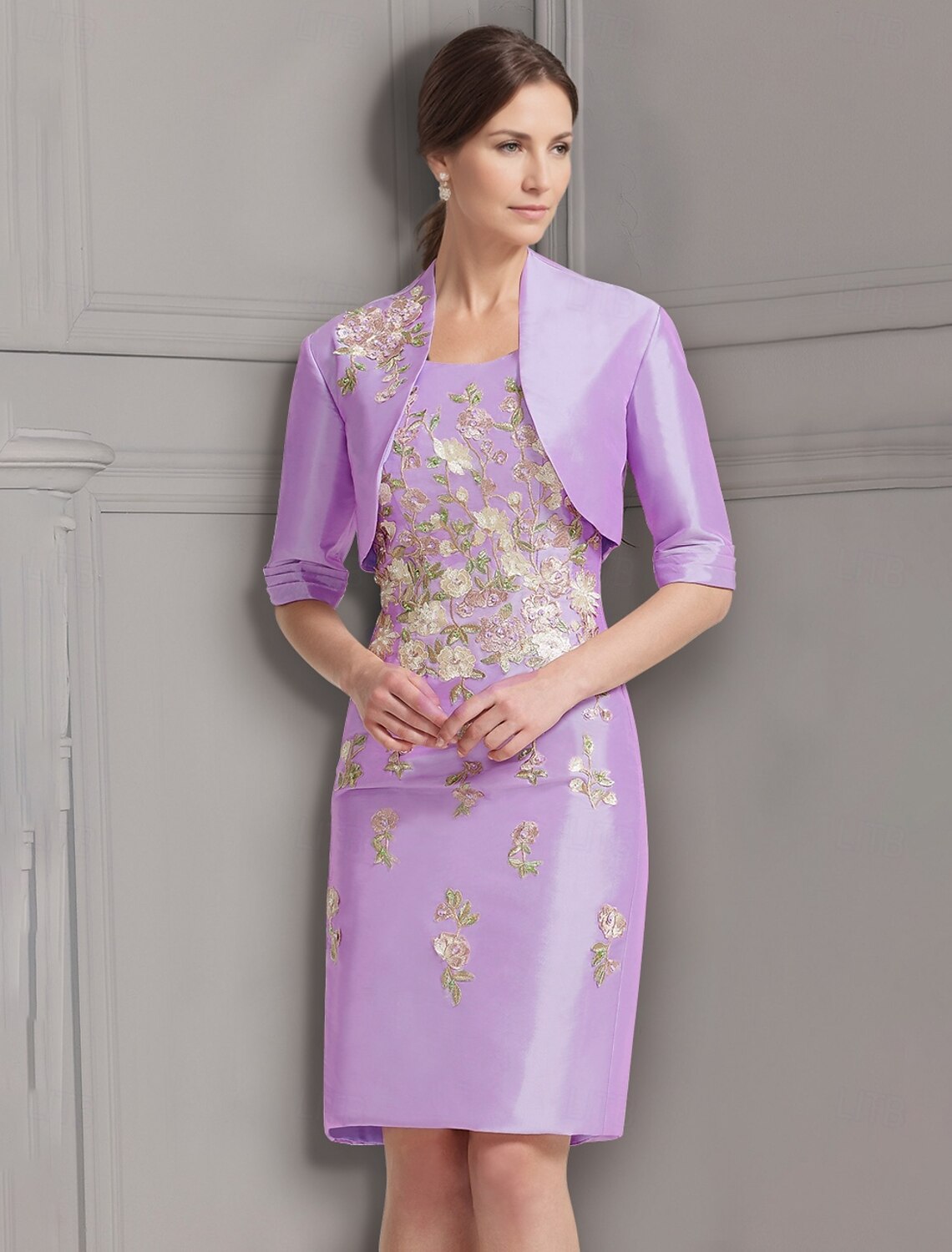 Buyishang Sheath / Column Dress Suit Mother of the Bride Dress Elegant Vintage Jewel Neck Knee Length Satin Lace Half Sleeve Jacket Dresses with Embroidery Appliques